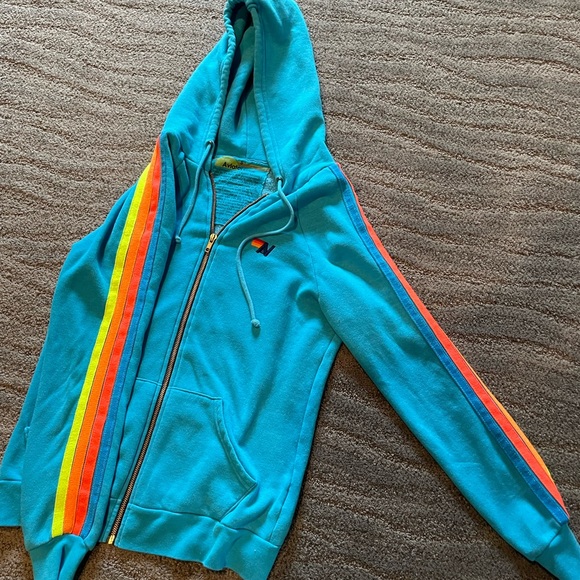 AVIATOR NATION CLASSIC 4 STRIPE ZIP HOODIE - NEON BLUE // NEON RAINBOW STRIPES - Picture 3 of 6